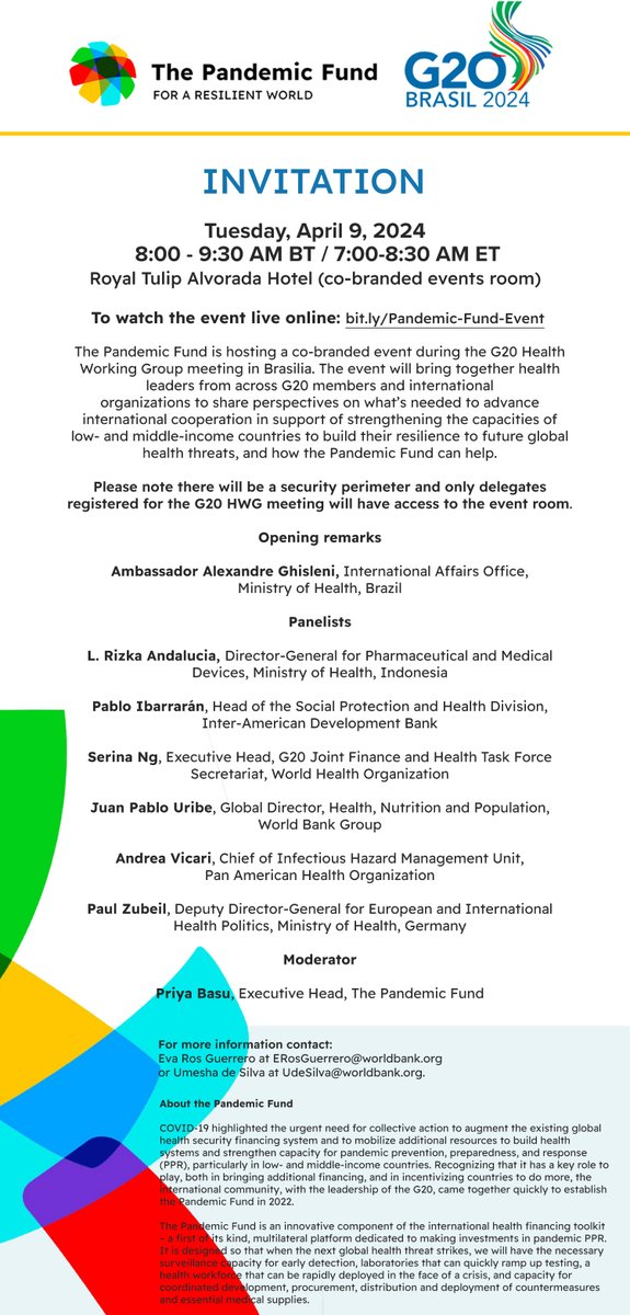 @ChatibBasri @nsanzimanasabin @PriyaBasu2017 @g20org INVITATION: April 9 @ 8:00-9:30AM BT / 7:00-8:30AM ET Join @PriyaBasu2017, Amb. Ghisleni, & an esteemed panel for the #PandemicFund co-branded event on the sidelines of the #G20 Health Working Group Meeting. In-person or tune in live: bit.ly/Pandemic-Fund-…