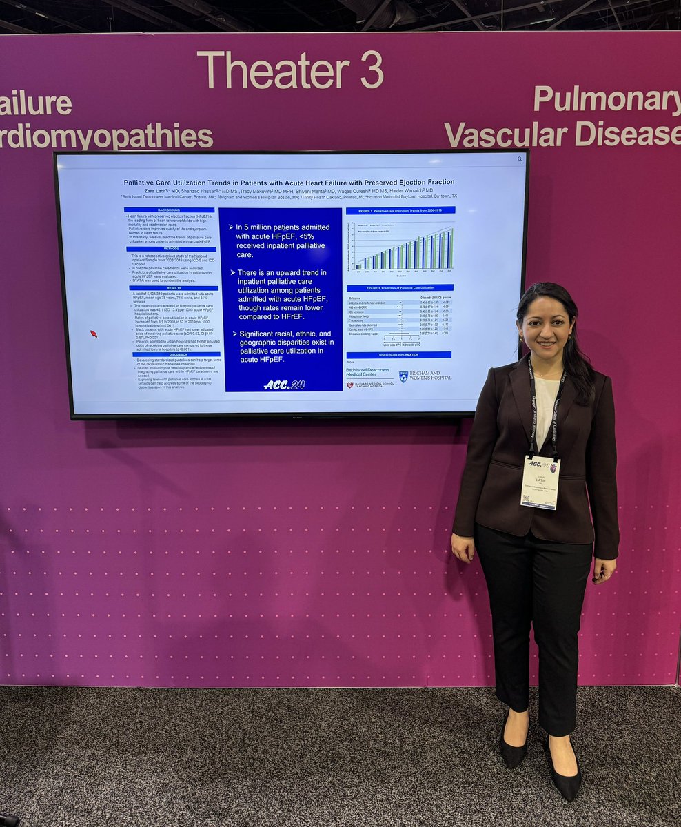 Excited to present our work on trends of palliative care utilization in patients with 🫀HFpEF. While there’s an ⬆️ trend in #palliative care use, significant racial, ethnic, and geographic #disparities exist! #ACC24 #HealthEquity @ShahzadHTarar @tracymakMD @haiderwarraich @jllbmd