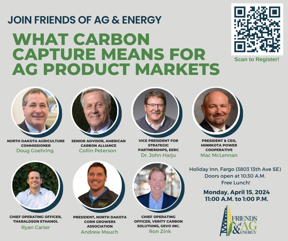 NDCornGrowers's tweet photo. Growers, join us at this free event in Fargo next week! Hear from industry leaders about how carbon capture can affect the ag markets and what can affect your farm operations. Registration is requested for the April 15th event in Fargo. Lunch is included! https://t.co/B0oKATkhxX