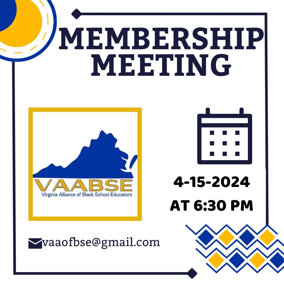 🗓️Mark your calendars! VAABSE will hold its monthly membership meeting on Monday, April 15, 2024 at 6:30 via Zoom. The Zoom link will be emailed to members using the email address on file. See you soon!