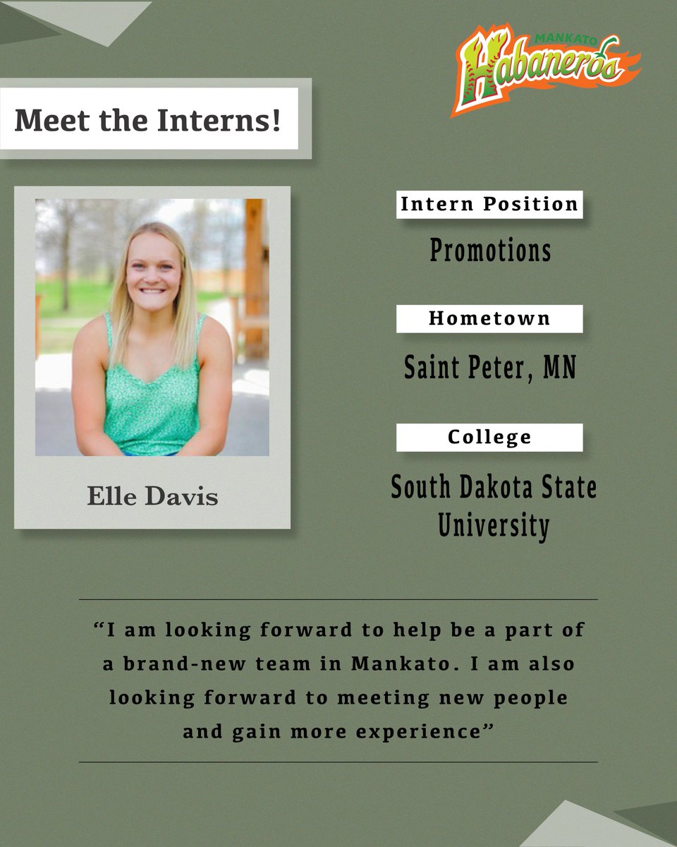 We would like to welcome Elle Davis to the Habaneros front office. Elle joins us from South Dakota State University. Elle will be leading the on-field promotions this summer so keep your eyes peeled for her over the summer. #ItsSpicy