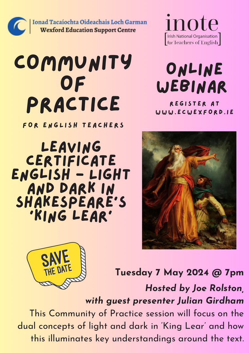@WexfordEdCentre @INOTEnews @TeamEnglishIre Brilliant to have the wonderful @sccenglish as guest presenter for the final English #CommunityofPractice, for this academic year, who will provide a textual analysis of the concepts of light & dark in Shakespeare’s King Lear. Not to be missed! Register: bit.ly/4ap2hg6