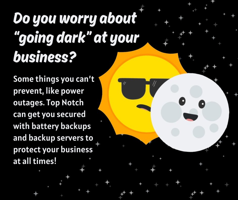 Don't let someone steal your light! Top Notch is here to help secure your business from 'going dark.' Call today to get started with the last IT company you will ever need! #Eclipse2024 #EclipseSolar2024 #SolarEclipse2024 #solareclipse #CybersecurityNews #cybersecuritytips