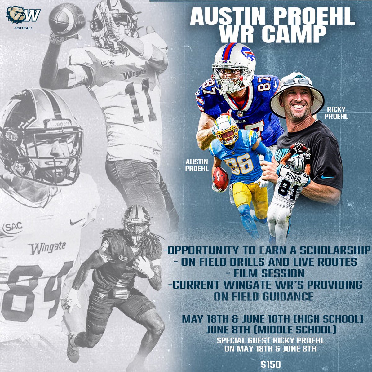 WIDEOUTS!! Come get some work in and get seen! On Field and Classroom work with me and 17 year NFL 🐐 @RickyProehl !!! Spots are limited so sign up ASAP‼️‼️@WingateFb campscui.active.com/orgs/WingateUn…