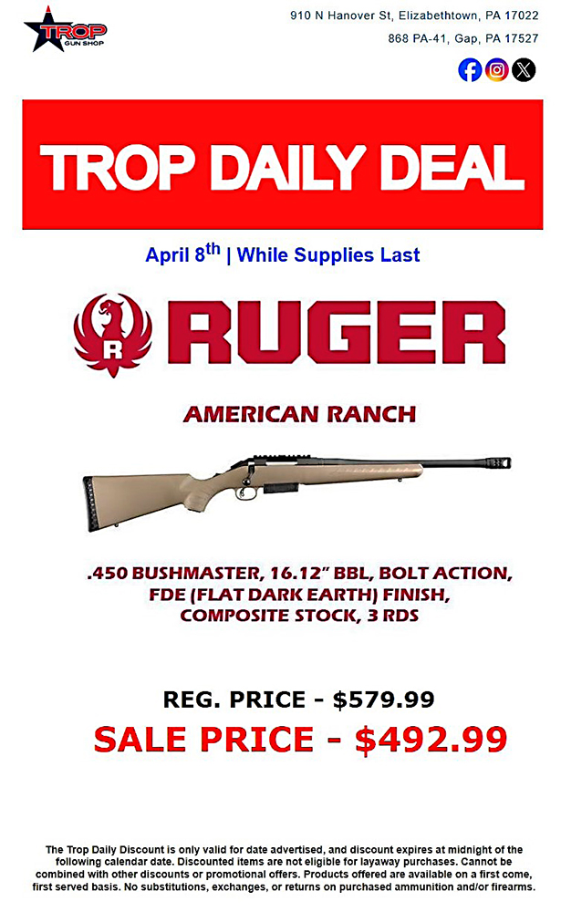 Just like the eclipse, this deal won't last long! #tropgunshop #dailydeal #ruger #american #savemoney #rifle #boltaction #bushmaster #2A 

shop.tropgun.com/deals