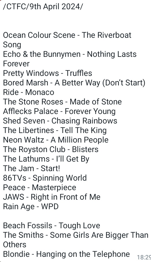 DJ Casually Dan's excellent set for @CTFC1904 v @HebburnTown . Feats @Bunnymen @BoredMarsh @rideox4 @shedseven @TheRoystonClub @neonwaltz Pretty Windows, Rain Age, The Smiths and more. Enjoy open.spotify.com/playlist/5I3G9…