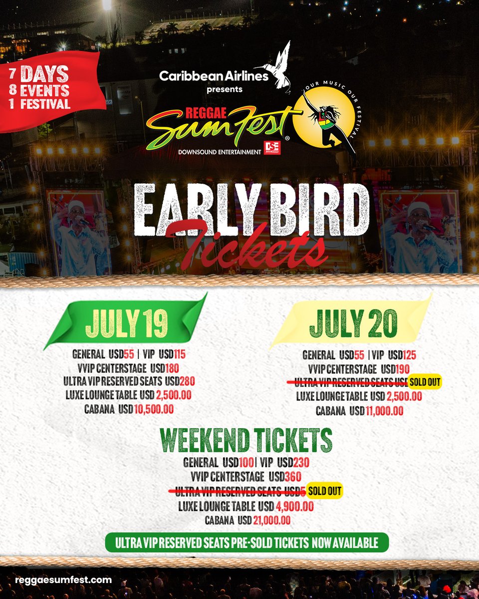 Sound the alarm🔊🔊! Weekend and Friday, July 19 Ultra VIP seated early bird tickets have flown off the shelves! Don't fret though, presold tickets are now available. Secure your spot for an unforgettable experience! #ReggaeSumfest2024 #OurFestival #OurCulture