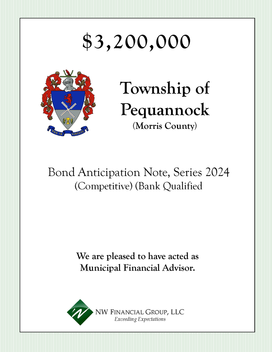 Expanding Our Success: Closed Deal Announcement

NW Financial served as Municipal Financial Advisor to the Township of Pequannock on the following Bond and Note transaction which closed on April 3, 2024.

conta.cc/3J9hdDa

#nwfinancial #municipaladvisor #pequannocknj