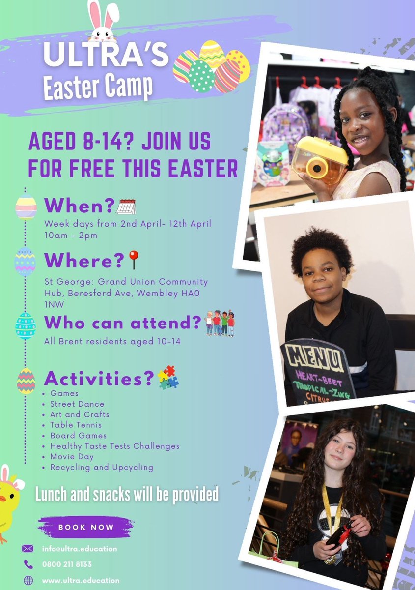 On now: <a href="/ultra_education/">Ultra Education</a> Easter Camp Ages 8-14
To 12 Apr 10am-2pm
Games • Street Dance • Art &amp; Crafts • Table Tennis • Board games • Taste Tests • Movies • Recycling &amp; Upcycling 
Lunch &amp; snacks provided
info@ultra.education / 0800 211 8133 #Alperton #Wembley