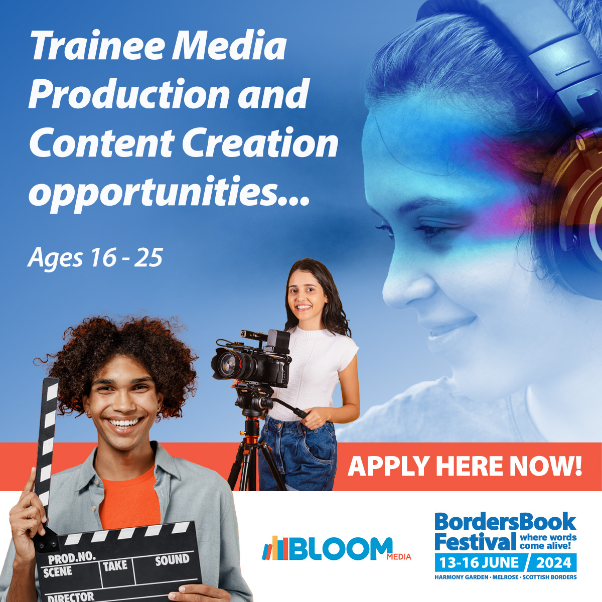 Aged 16-25? Passionate about media production and content creation? Join us at the Borders Book Festival for an incredible journey with Bloom Media! A chance to work with industry pros and launch your media career. Find out more: bordersbookfestival.org/bloom-media/