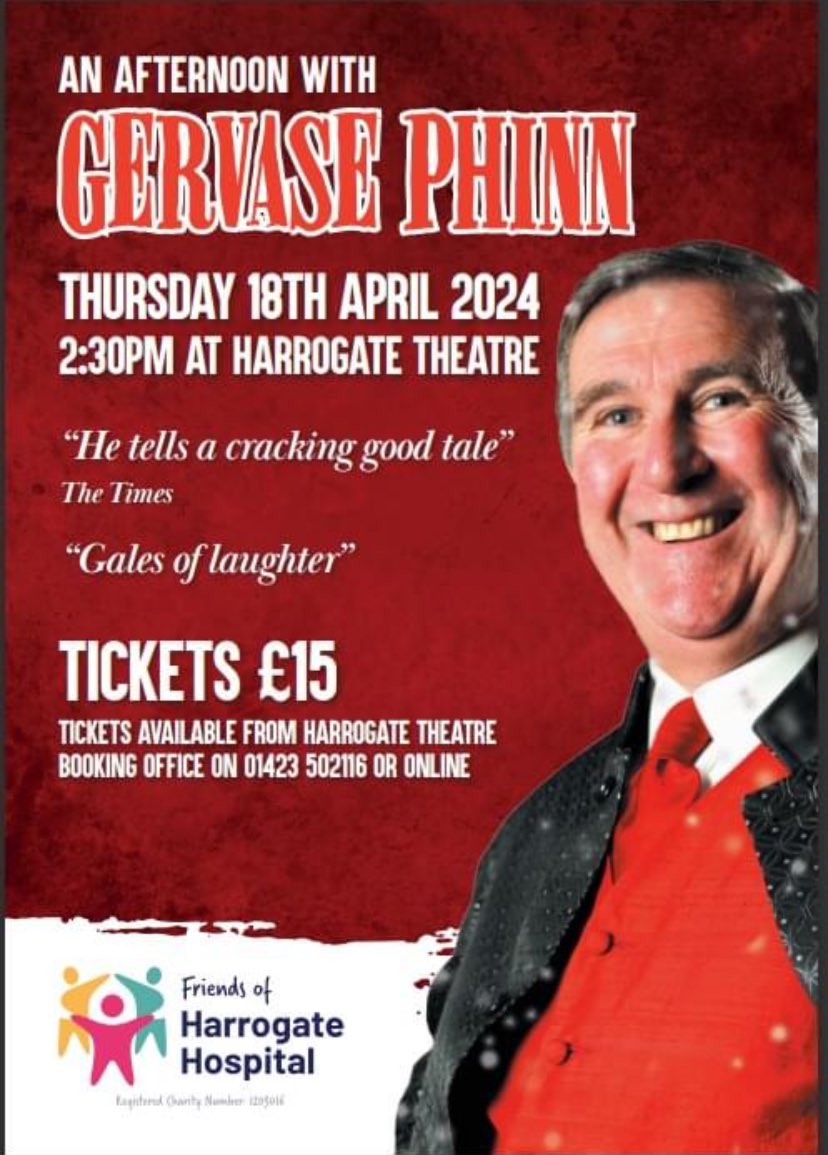 Harrogate Hospital Radio (@harrogatehr) on Twitter photo Gervase Phinn returns to Harrogate to support the work of the Friends of Harrogate Hospital. Gervase’s one man show will be held at the Harrogate Theatre on Thursday 18 April at 2.30pm. For more details go to harrogatetheatre.co.uk or email hello@friendsofharrogatehospital.org Gervase Phinn returns to Harrogate to support the work of the Friends of Harrogate Hospital. Gervase’s one man show will be held at the Harrogate Theatre on Thursday 18 April at 2.30pm. For more details go to harrogatetheatre.co.uk or email hello@friendsofharrogatehospital.org