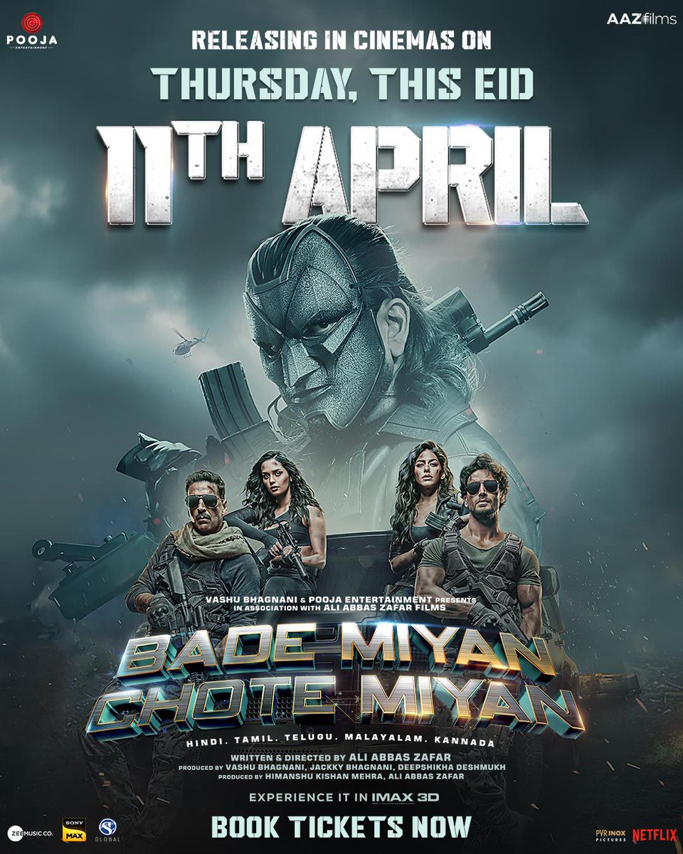 #BadeMiyanChoteMiyan is arriving in CINEMAS this THURSDAY, 11TH APRIL! 💥🍿 Advance booking open now Experience in 3D and IMAX IN CINEMAS. #BadeMiyanChoteMiyanOnApril11 #BadeMiyanChoteMiyanOnEid2024 @akshaykumar @iTIGERSHROFF @PrithviOfficial @vashubhagnani @aliabbaszafar…