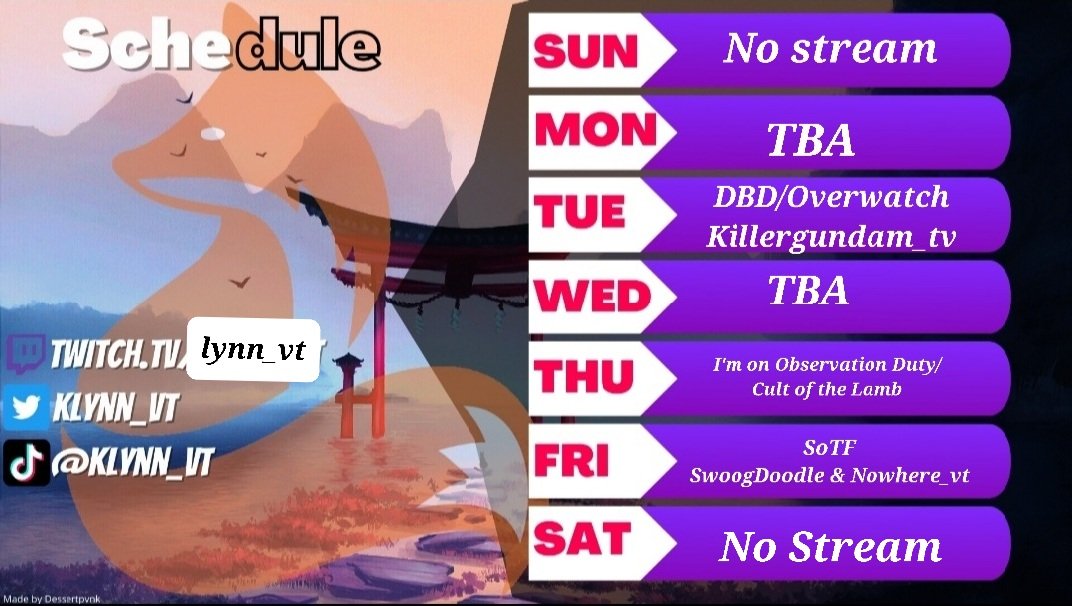 Lynnie_VT's tweet photo. This week's schedule!

Monday-Last minute plan of overwatch tonight at 6pm cst

Tuesday-DBD/Overwatch (maybe) with killergundam_tv

Wednesday- yet to be announced.

Thursday- I'm on Observation Duty 6 at 6pm cst

Friday-SoTF with @SwoogD and @hornsofnowhere 

Saturday-NO STREAM https://t.co/AowPeCOm9U