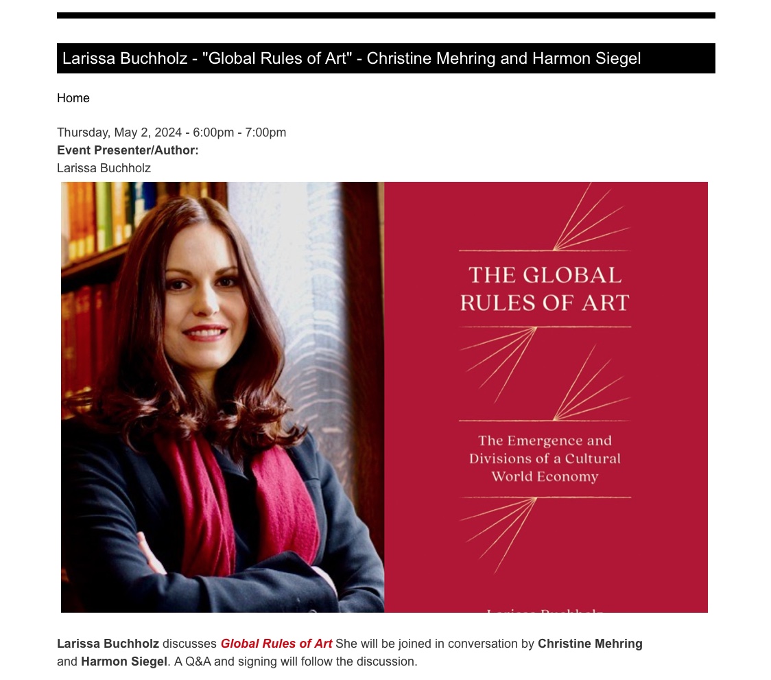 Join esteemed social scientist Larissa Buchholz as she discusses her new book, 'The Global Rules of Art' with an esteemed panel of experts at the Seminary Co-op Book Store in Chicago,  IL. A Q&A and signing will follow the discussion. RSVP here: airtable.com/appAkPEjhwwUOo…