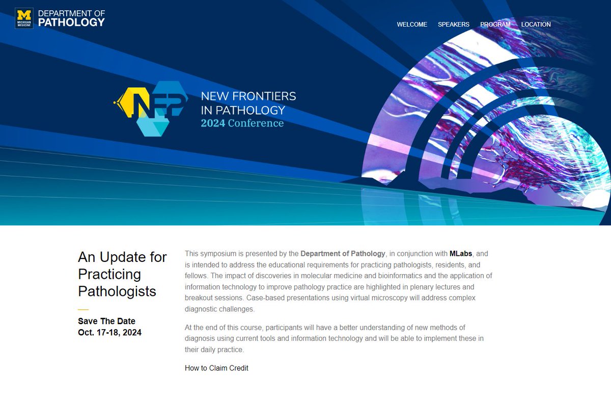 Attention all #pathologists, #trainee pathologists and aspiring pathologists! SAVE THE DATE Oct 17-18, 2024 #NewFrontiers in #Pathology Conference hosted by @UMichPath - details coming soon! 

I look forward to seeing you all there!

pathology.med.umich.edu/newfrontiers