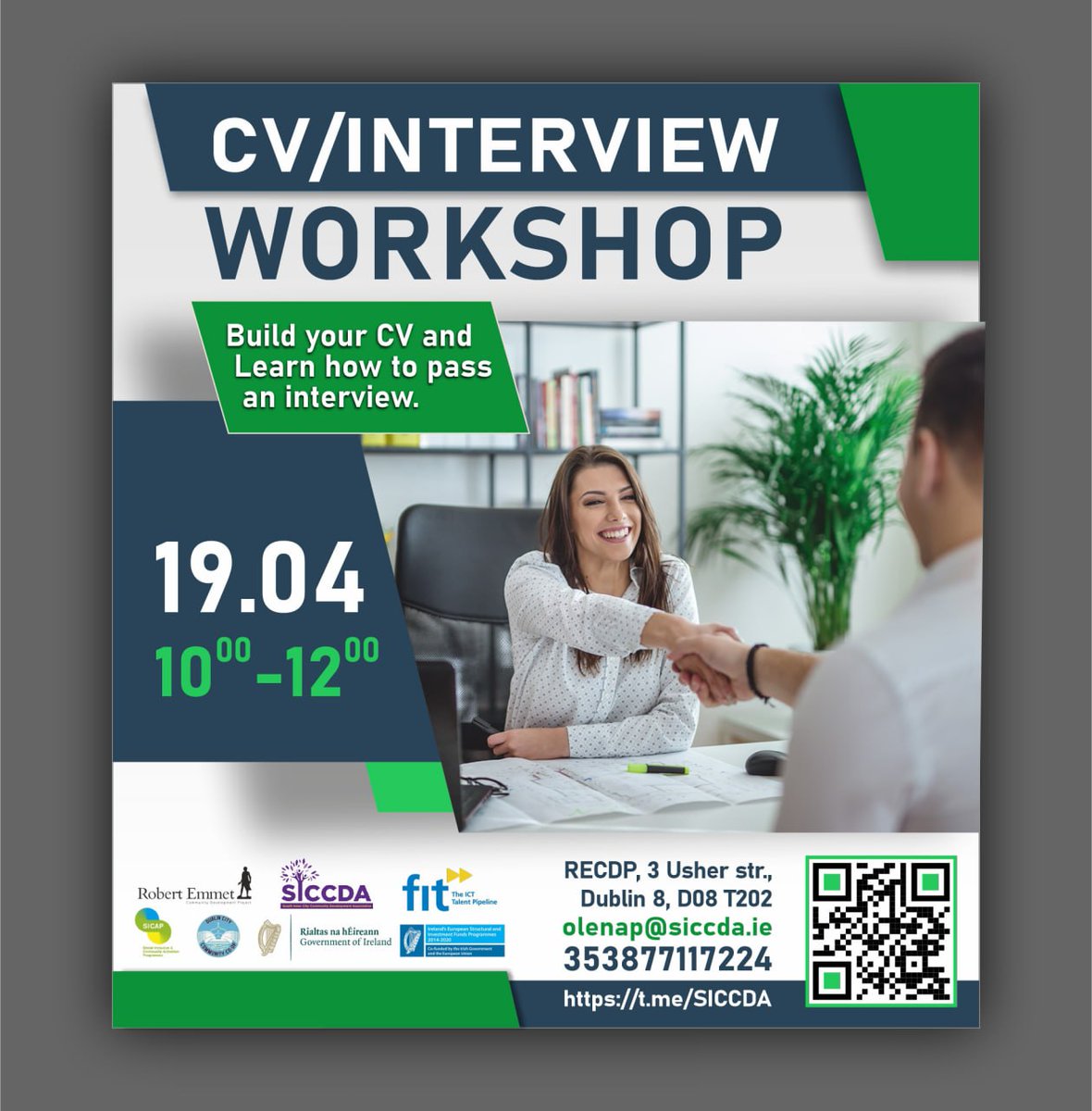 Elevate your career! Join our workshop to master CV writing, interview techniques, and personal branding. 📅 Date: 19th April 2024 ⏰ Time: 10am - 12pm 📍 Location: Robert Emmet CDP, 3 Usher Street, Dublin 8 Contact olenap@siccda.ie for more information #IntegrationProgramme