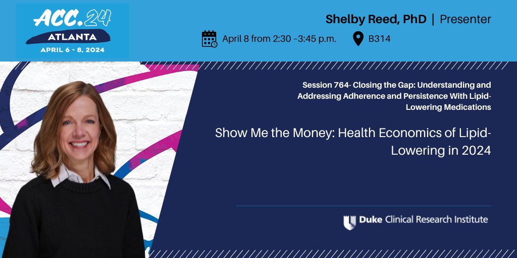 Shelby Reed’s presentation on the health economics of lipid-lowering medications will begin in 15 minutes at #ACC24.