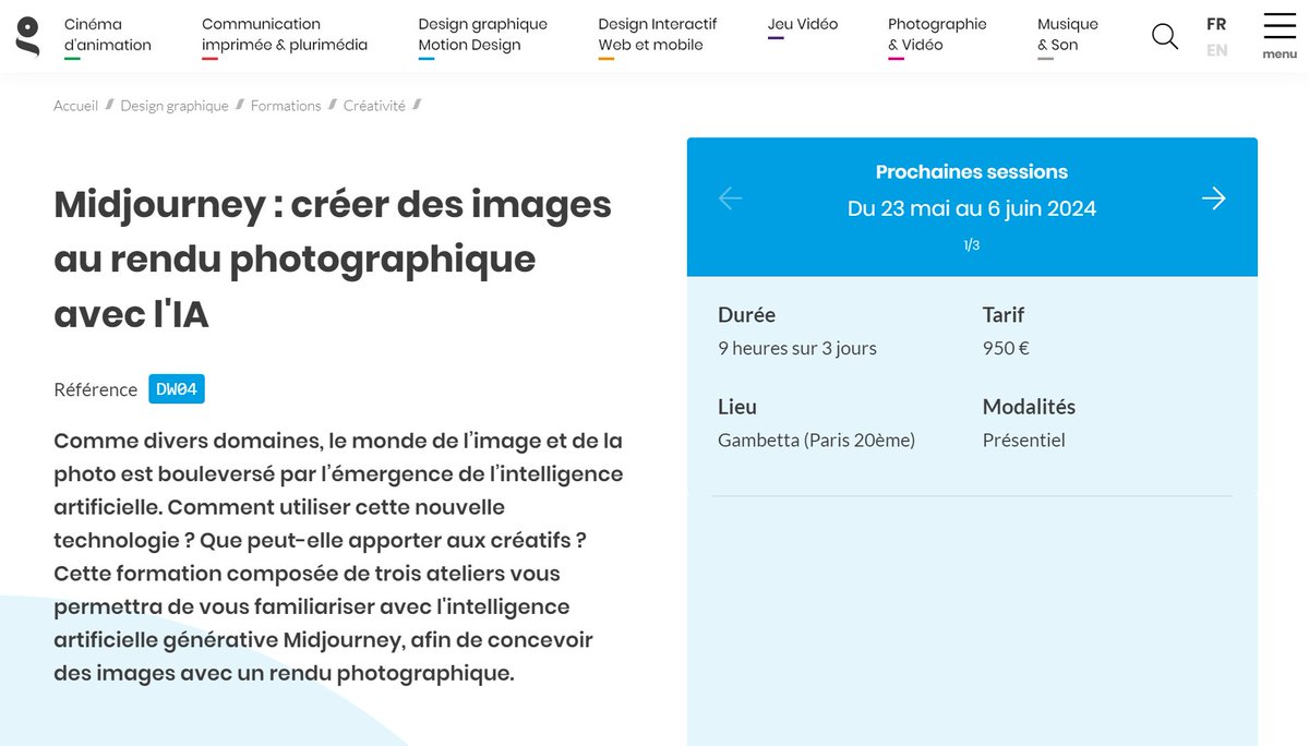 C'est quasiment passé inaperçu mais aux Gobelins ils proposent aussi des formations pour apprendre à faire des prompt sur Midjourney (950€ pour 9 heures de formation 😂)

gobelins.fr/design-graphiq…