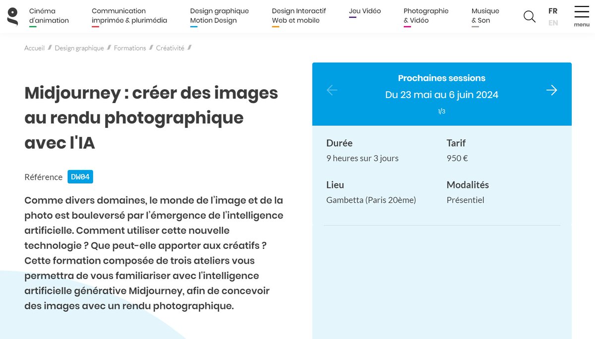 C'est quasiment passé inaperçu mais aux Gobelins ils proposent aussi des formations pour apprendre à faire des prompt sur Midjourney (950€ pour 9 heures de formation 😂) gobelins.fr/design-graphiq…