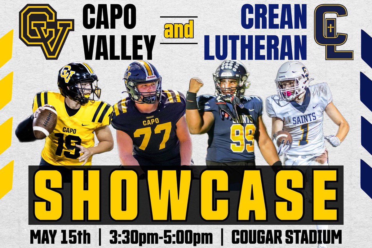 Looking forward to our college showcase with Capo Valley on 5/15. All college coaches are welcome to come out &amp; evaluate the outstanding talent on both teams. <a href="/CreanFootball/">Crean Lutheran Football</a> <a href="/CLHS_Athletics/">Crean Lutheran Athletics</a> <a href="/capofootball/">Capo Valley Football</a> <a href="/SoCoastLeague/">South Coast Football Insider</a> <a href="/OCSportsZone/">OC Sports Zone</a> <a href="/SouthOCsports/">South OC Sports</a> <a href="/GregBiggins/">Greg Biggins</a> Phil. 4:13