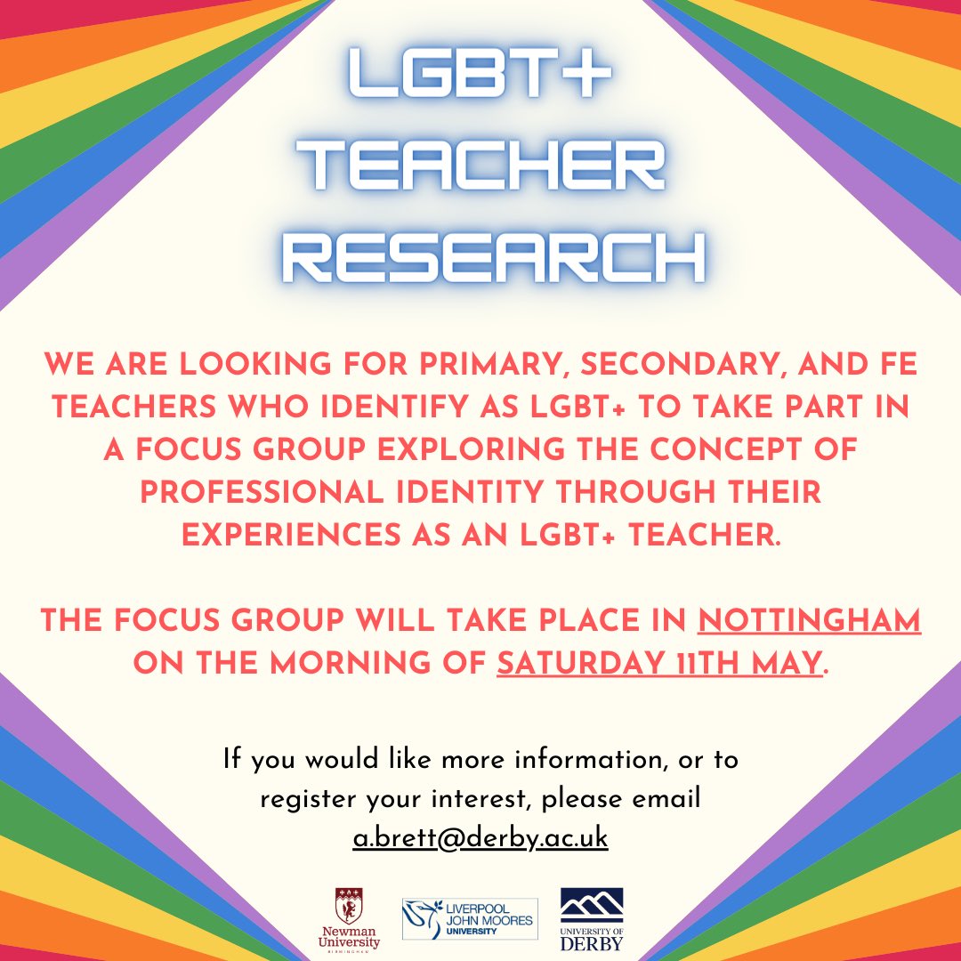 We’re looking for LGBT+ teachers to take part in an exciting piece of research exploring the topic of professional identity. Get in touch if you’re interested 🏳️‍🌈 🏳️‍⚧️