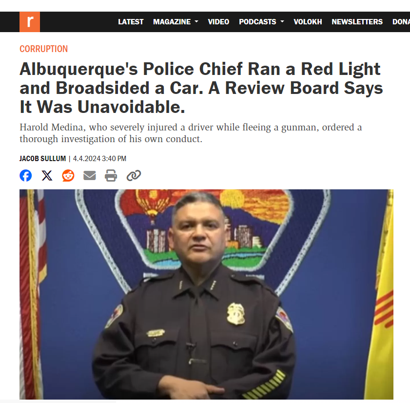 As @cabq police department continues to languish under James Ginger & his expensive DOJ 'accountability' scheme City Council punts on an outside investigation of Chief Medina's crash and conflicting details. Excellent story by @jacobsullum errorsofenchantment.com/albuquerques-s… #nmpol