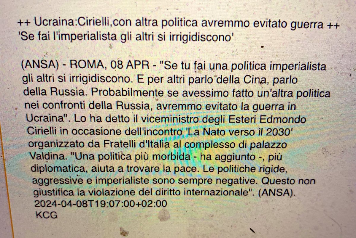 Da tempo sto zitto. Ma leggo che il viceministro degli Esteri italiano ritiene che la NATO è stata “aggressiva e imperialista” e la Russia in Ucraina, come la Cina e tutti gli Stati-canaglia che la sostengono, non fanno altro che reagire al nostro folle imperialismo. Sia pur