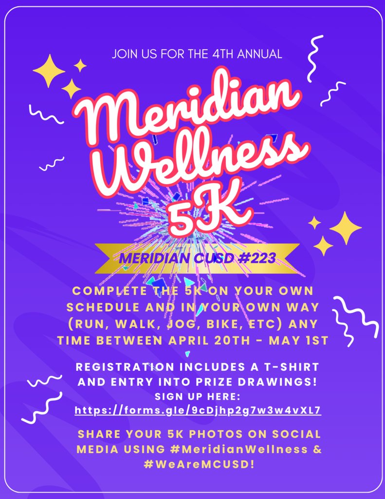Our Staff Wellness Committee is excited to host our 4th Annual Meridian Wellness 5K! It is open to our entire Meridian 223 community! 5K sign up link: forms.gle/gGiJiKCuwFUBik… T-shirt only order form: forms.gle/n7chAB6AL3oiBe…