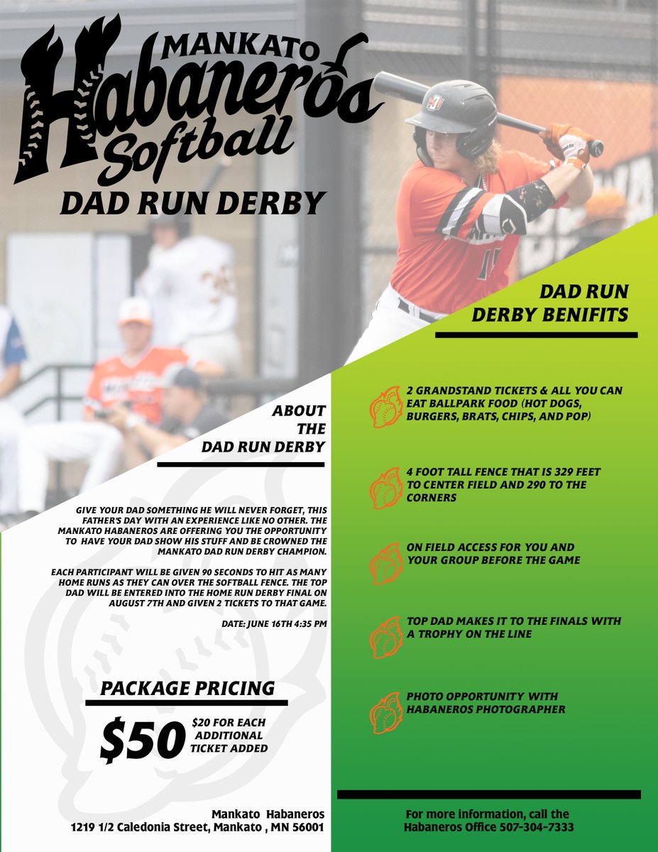 Step up to the plate this Father's Day! Join us for our Dad Run Derby on opening day, June 16th. Purchase your ticket packages by calling the Habaneros today. Don't miss this chance to celebrate. ☎507-304-7333 #ItsSpicy