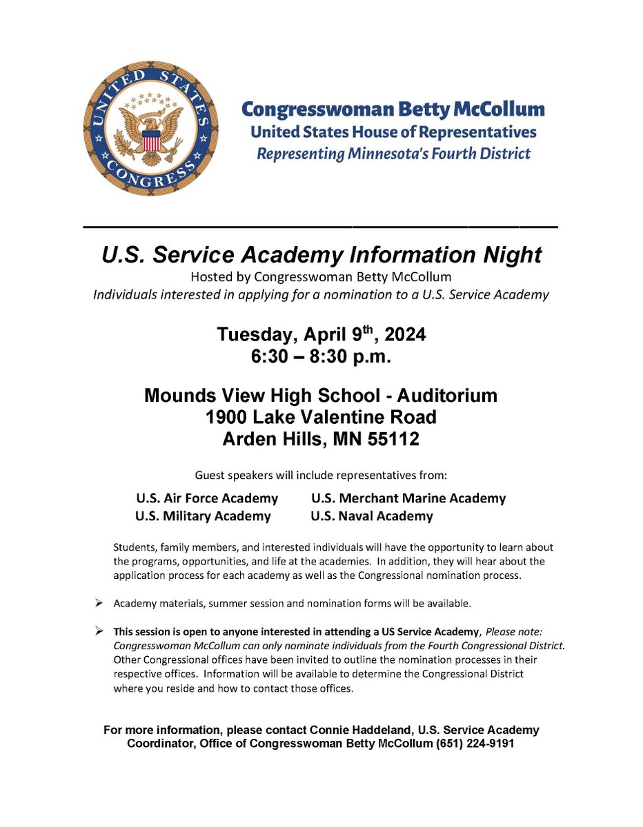 Reminder: My office is hosting a U.S. Service Academy Information Evening tomorrow Tuesday, April 9, 6:30pm at Mounds View High School.