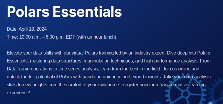 openteams.com/courses/polars… @quansightai's Marco Gorelli, core dev of Pandas and Polars will be teaching this online course open for all data enthusiasts. We invite all who want to grow their DataFrame skills to join us.