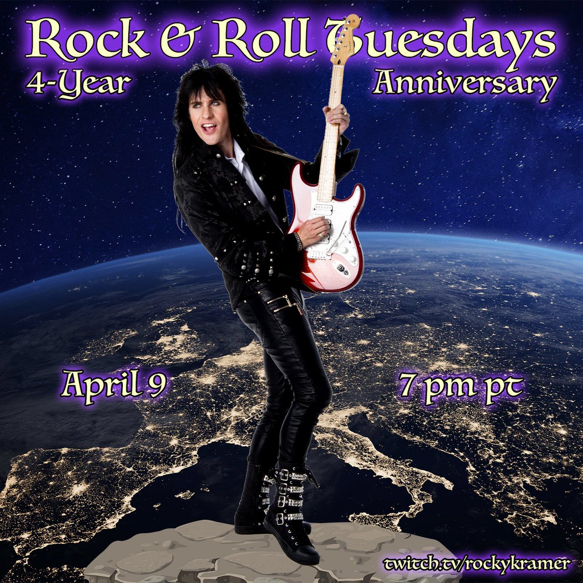 Rock & Roll Tuesdays: 4-Year Anniversary April 9, 7 PM PT Twitch.tv/rockykramer #Twitch #RockNRoll #Guitarist