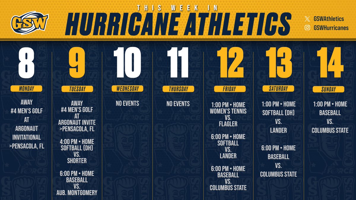 Four days to catch the Hurricanes at home this week! Welcome back to campus @GSW_Baseball & @_GSWSoftball alumni! 🟦🟨 Your 'This Week in Athletics' schedule: ⛳️ Mon (🚌) ⛳️ Tue (🚌) 🥎 TUE (🏠) ⚾️ TUE (🏠) 🎾 FRI (🏠) ⚾️ FRI (🏠) 🥎 SAT (🏠) ⚾️ SAT (🏠) ⚾️ SUN (🏠)