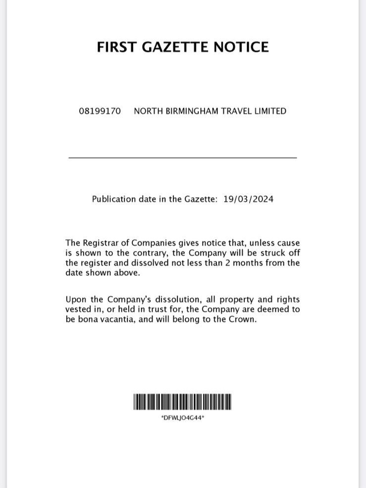 BREAKING🚨: The company at the heart of @SandwellLabour's SEND Transport contract scandal has been served a first gazette notice, which means the company could soon be dissolved. Sandwell Labour gave the company owned by their former Deputy Leaders son the £20M SEND contract in