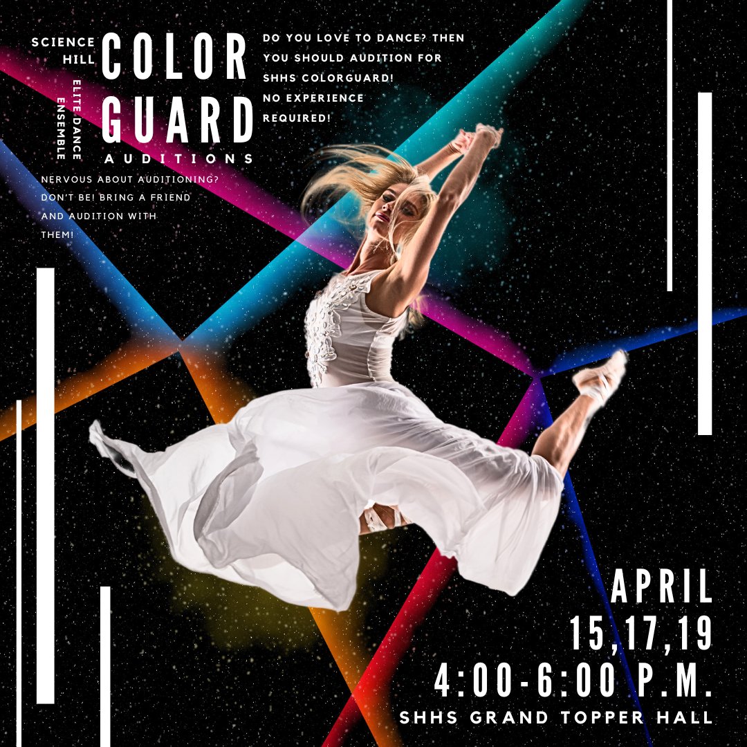 Colorguard Auditions!  Open to all rising 9,10,11 and 12th grade students! Use link to register for an audition: forms.gle/btXM67jNQuu38D… <a href="/ScienceHill_JCS/">SCIENCE HILL HIGH SCHOOL</a> <a href="/jcityTNschools/">JohnsonCitySchools</a>