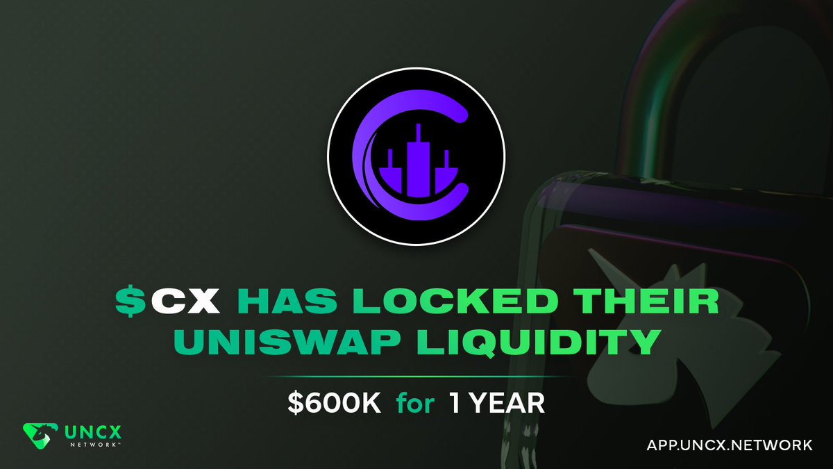 The team at @ChartAI_erc has locked $CX's Uniswap liquidity — a lock worth over $600k for one year! 🔒 Liquidity locking helps secure investors' funds and is a way for developers to prove, on-chain, that they can be trusted. Lock info: beta.uncx.network/lockers/token/…