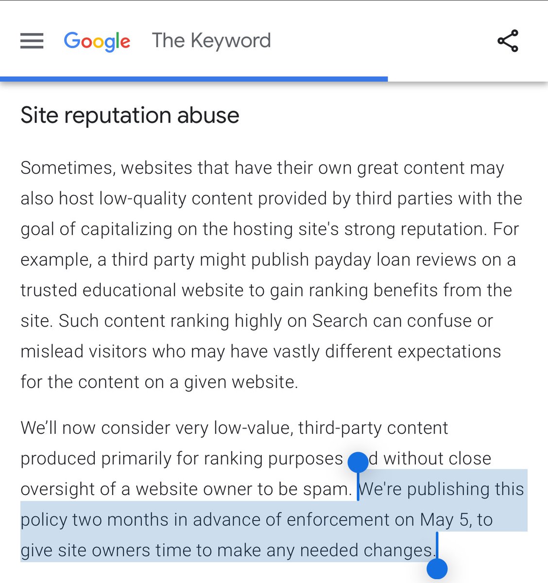 The March core update came with the introduction of new policies that would allow Google to “take more targeted action” against spam. One of these new spam policies is ‘site reputation abuse.’ So, how are big media sites preparing for the May 5th deadline from Google? 🧵