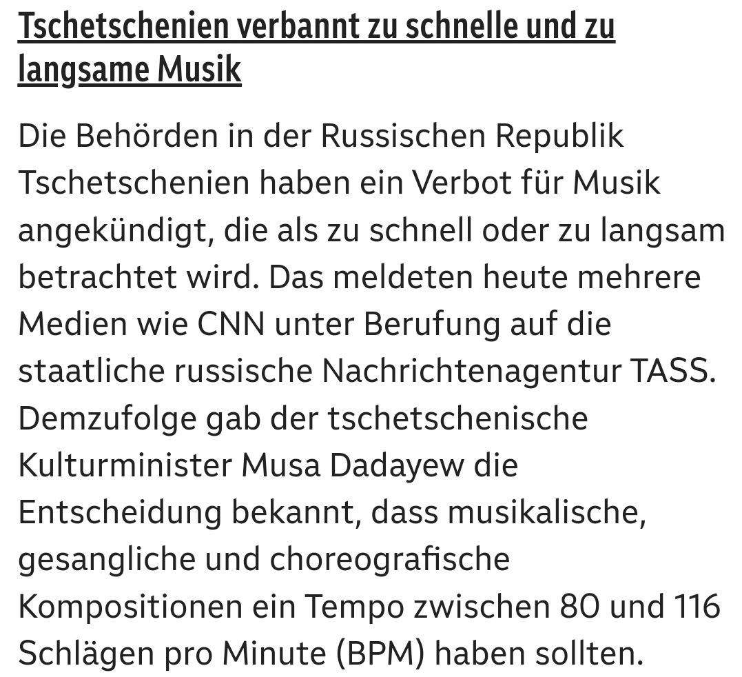 aber ohne staat wer bestimmt dann die erlaubte anzahl an schlägen pro minute für musik??!!?

schachmatt libertäre schwurbler 🤓