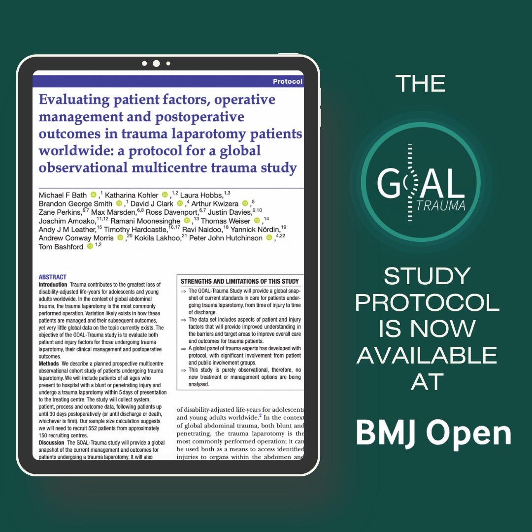 The GOAL-Trauma Study Protocol has just been published in @BMJ_Open #OpenAccess ✨️✨️ Read here now 👀 bmjopen.bmj.com/content/14/4/e… Data collection has begun, with collaborators signing up their centres from around the world! 🌍🌏🌎 Join now at goaltrauma.org