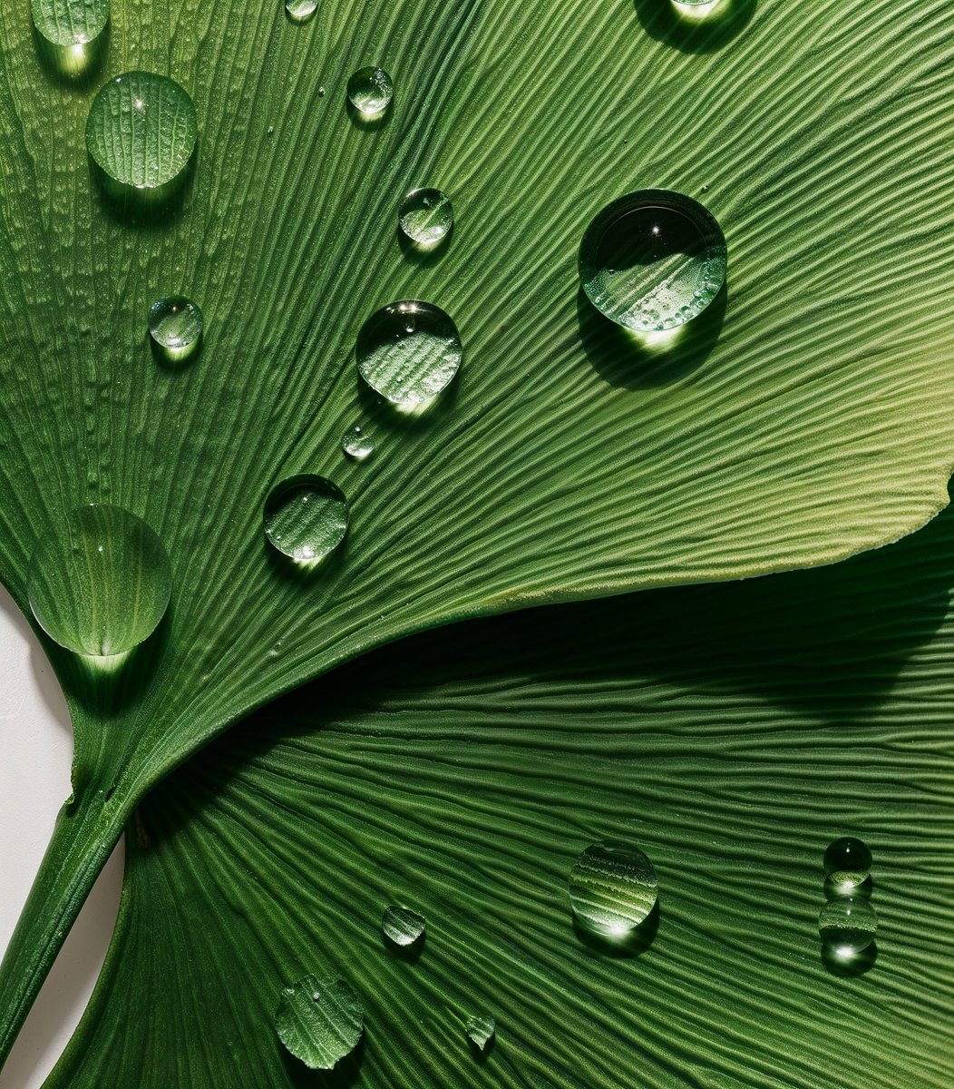 Close-up ingredient shot w/Midjourney🌱 PROMPT: A close-up of crystal-clear water droplets resting on the vibrant, veined surface of a green leaf each droplet acts as a natural magnifying glass, revealing the intricate details of the leaf's texture. The light catches and