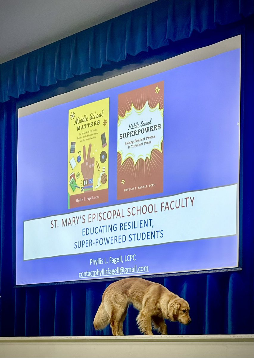 This has not been a typical school visit 😁. When I arrived, St. Mary's Episcopal Head of School Steve Salvo was sitting on the floor of a gated pen with Louise, the school puppy. Meanwhile, teachers wore protective glasses & stared at the eclipse. Then Louise helped me present!