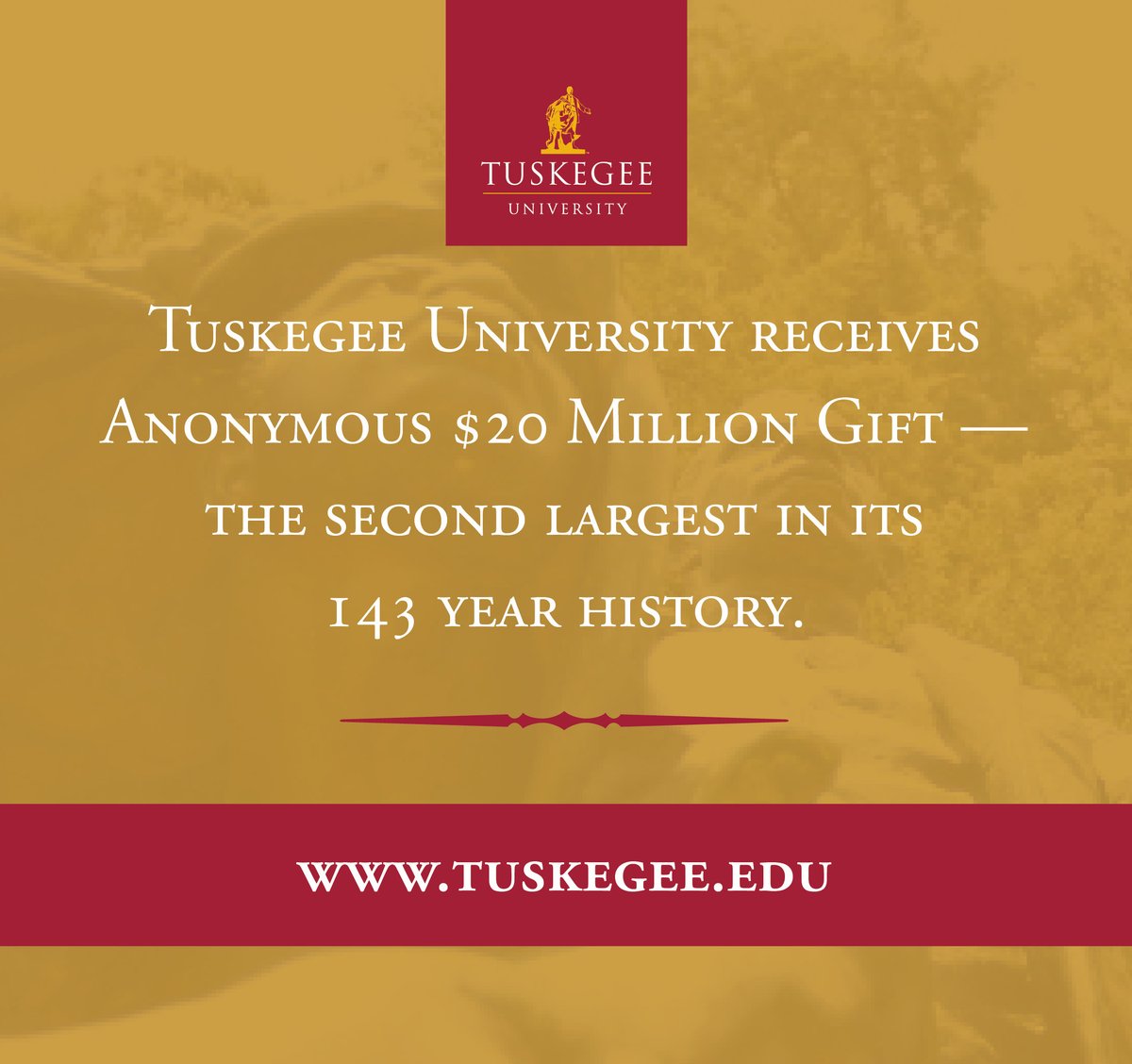 Tuskegee University is pleased to announce that it has received a $20 million gift—the second largest in its 143-year history. Read more at: ow.ly/egVH50RaUrw #OneTuskegee #MajorGift #Stem #Philanthropy