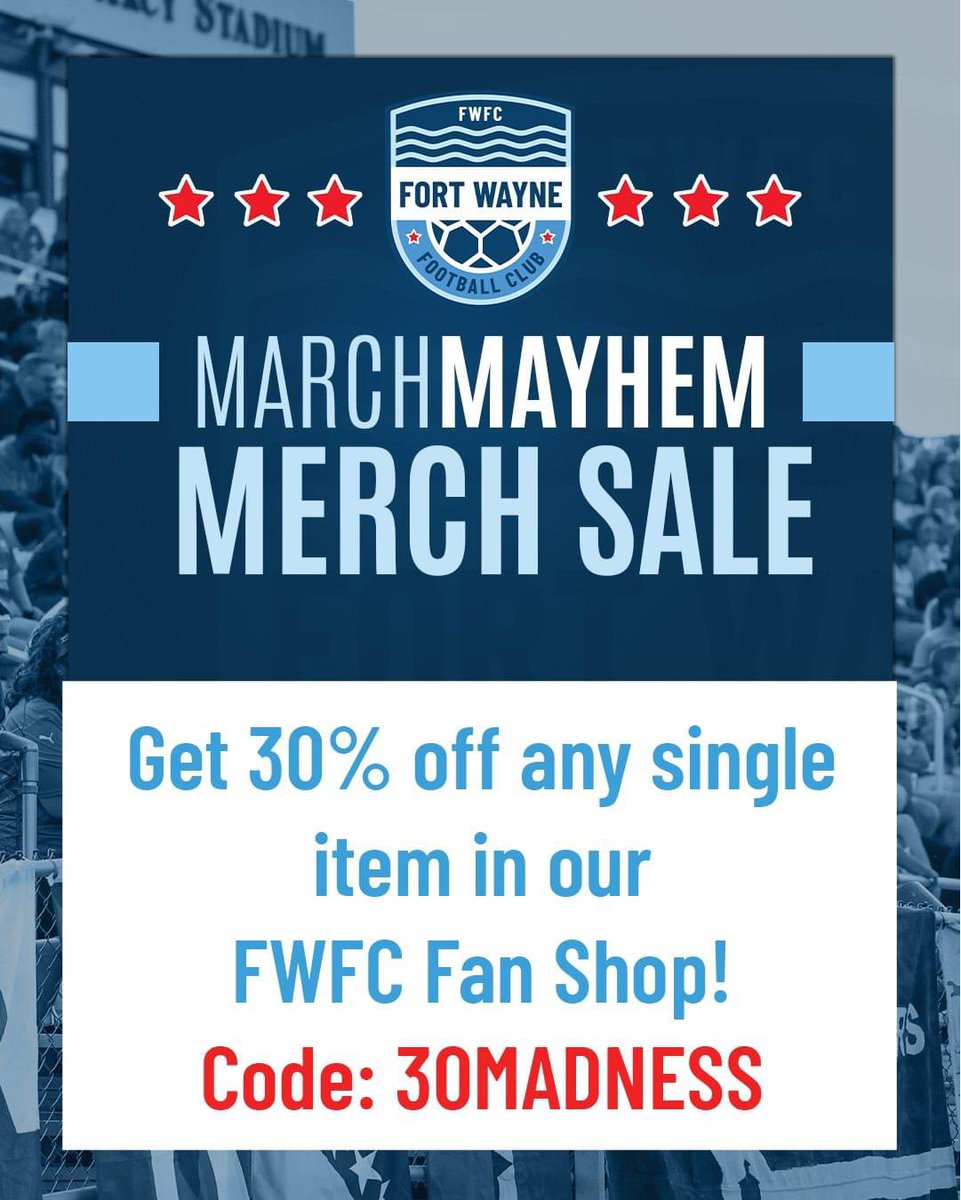 To celebrate the NCAA finals, we're offering 30% off any single item in our FWFC Fan Shop! Offer does not apply to bundles or tickets. Enter code 30MADNESS at checkout. Valid until Tuesday, April 9 at 11:59p. Visit shop.fortwaynefc.com/shop?utm_sourc…