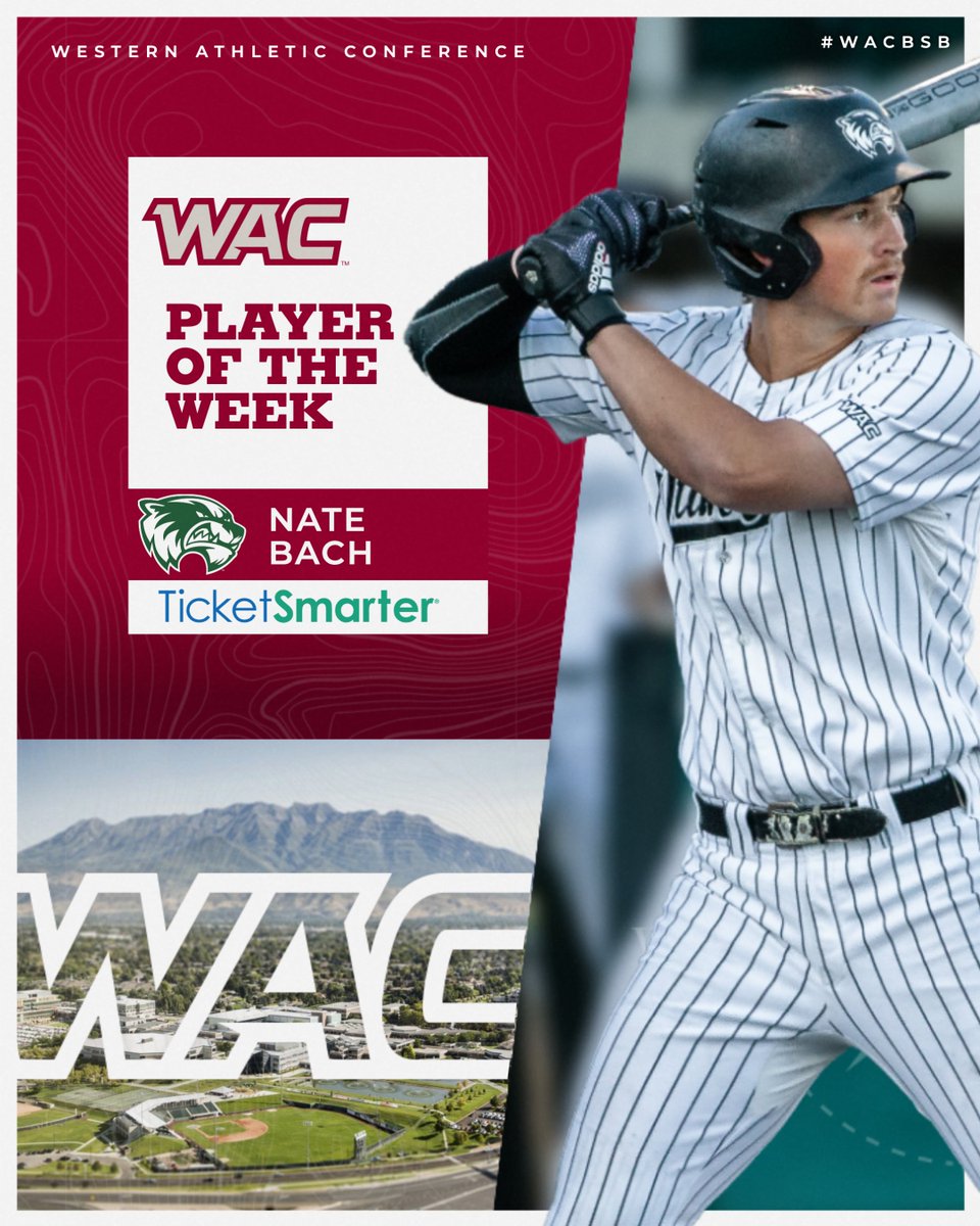 The Western Athletic Conference (@wacsports) on Twitter photo ⚾️ #WACbsb PLAYER OF THE WEEK
presented by <a href="/TicketSmarter/">TicketSmarter</a>
Nate Bach | <a href="/UVUbsb/">UVU Baseball</a>
✅ .500 avg
✅ 2 HR
✅ 4 RBI
🗞️ tinyurl.com/4yzs83p2
#OneWAC ⚾️ #WACbsb PLAYER OF THE WEEK
presented by <a href="/TicketSmarter/">TicketSmarter</a>
Nate Bach | <a href="/UVUbsb/">UVU Baseball</a>
✅ .500 avg
✅ 2 HR
✅ 4 RBI
🗞️ tinyurl.com/4yzs83p2
#OneWAC