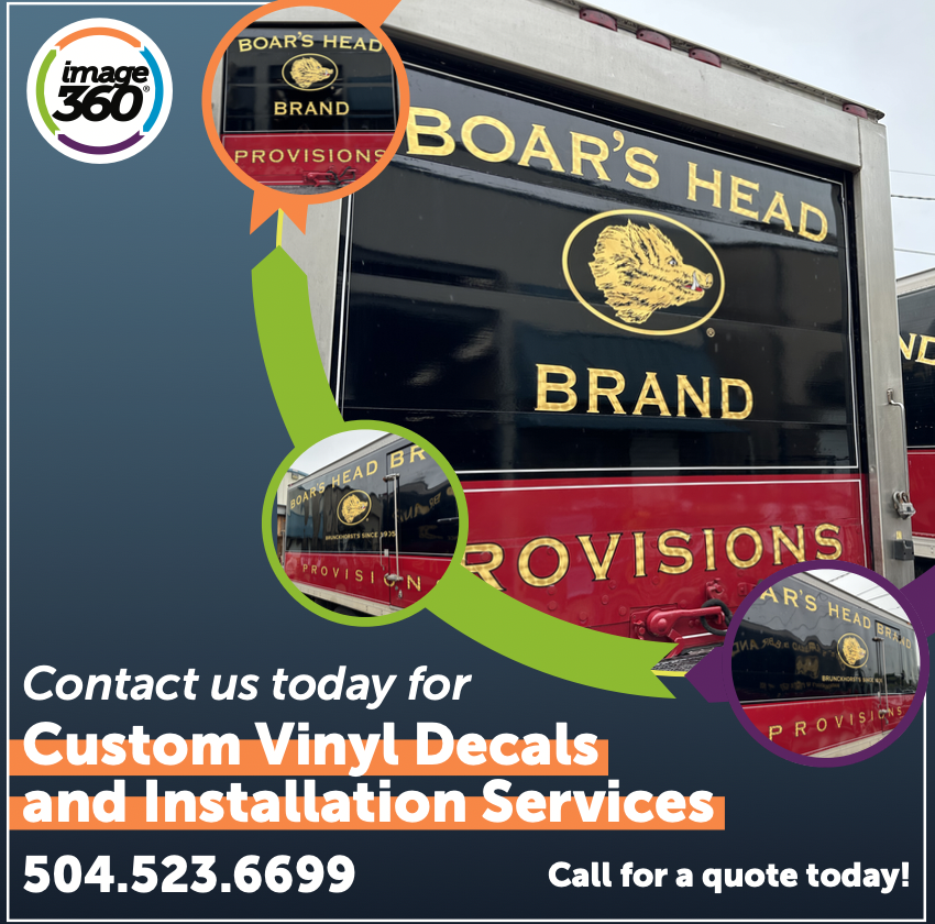 Revamp your storefront with our custom decals and professional installation services!
.
.
.
#CustomDecals #ProfessionalInstallation #BoarsHeadBrand #NewOrleans #SmallBusiness #Image360NOLA #Signs #Graphics #Solutions #Decals #StorefrontWindowGraphics