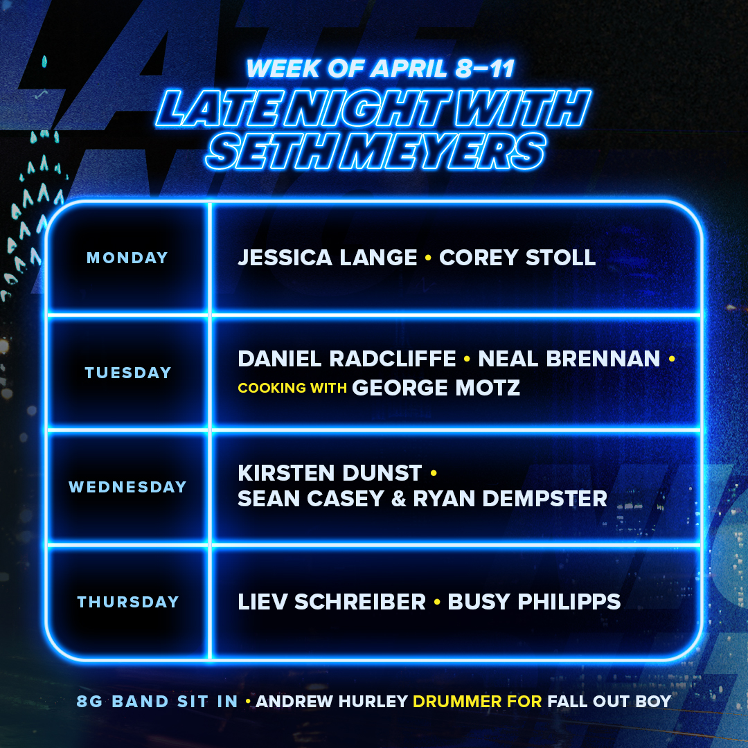 This week @sethmeyers is joined by Jessica Lange, Corey Stoll, Daniel Radcliffe, @nealbrennan, @kirstendunst, Sean Casey (@TheMayorsOffice) & Ryan Dempster (@Dempster46), @LievSchreiber and @BusyPhilipps. Plus, cooking with George Motz (@MotzBurger)!