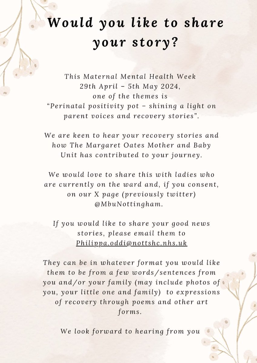 Nottingham MBU (@mbunottingham) on Twitter photo We are keen to build upon our existing stories, so are asking for contribution’s from our previous women to share their story, in support of <a href="/PMHPUK/">PMHP UK</a> #maternalmentalhealthawarenessweek <a href="/eviecanavan/">Eve Canavan BEM</a>, promoting recovery and hope. <a href="/MHSSD_NottsHC/">MHSSD NottsHC</a> <a href="/Pip1RMN/">Philippa</a> <a href="/mazsmith1674/">Marie Anne</a> We are keen to build upon our existing stories, so are asking for contribution’s from our previous women to share their story, in support of <a href="/PMHPUK/">PMHP UK</a> #maternalmentalhealthawarenessweek <a href="/eviecanavan/">Eve Canavan BEM</a>, promoting recovery and hope. <a href="/MHSSD_NottsHC/">MHSSD NottsHC</a> <a href="/Pip1RMN/">Philippa</a> <a href="/mazsmith1674/">Marie Anne</a>