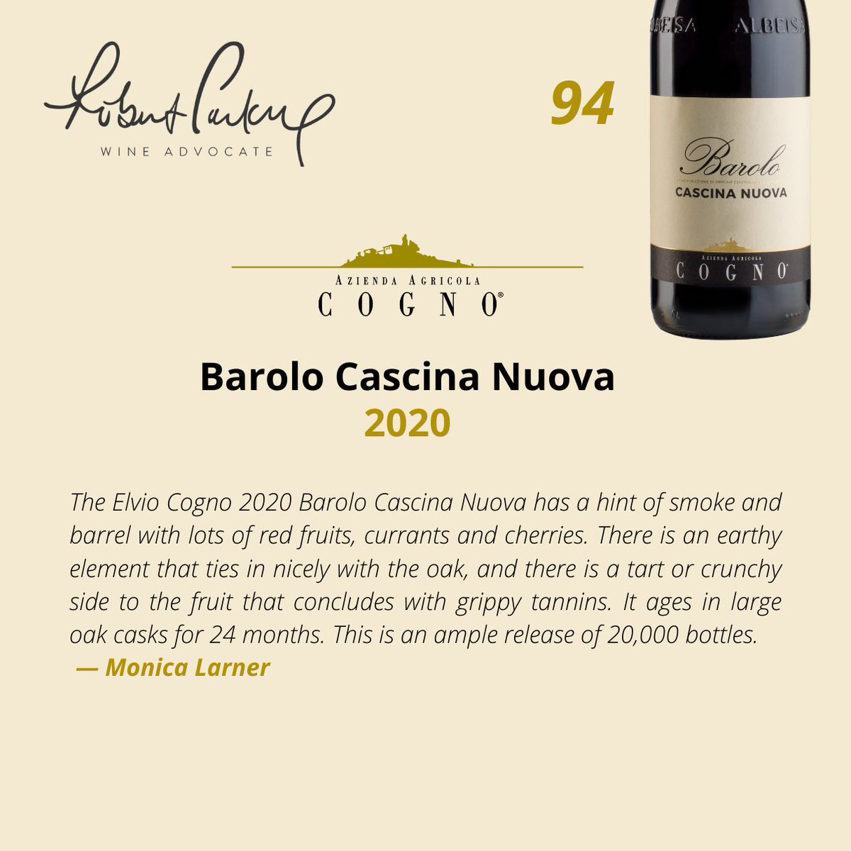 Special thanks to @MonicaLarner and Robert Parker @Wine_Advocate for these new beautiful reviews! #elviocogno #winereviews