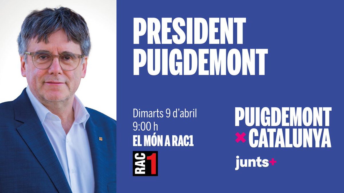 🎙 Demà a partir de les 9 hores, no et perdis l'entrevista del president @KRLS Puigdemont a @elmonarac1. 📌 Podràs seguir l'entrevista en directe a les xarxes socials del president o a rac1.cat/directe