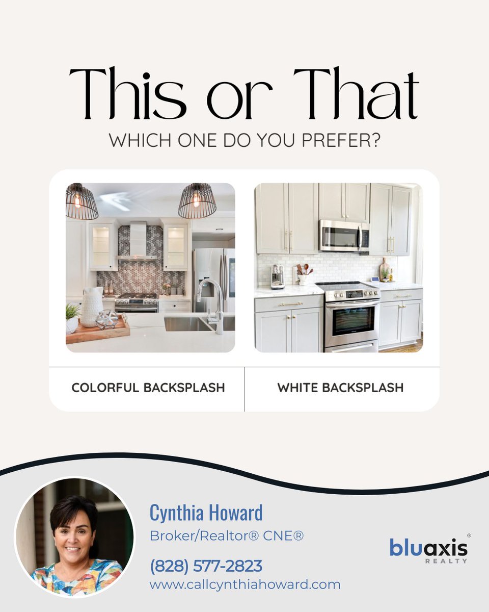 Revamp your kitchen with the right backsplash—colorful for personality or white for elegance. What's your style?

#bluaxisrealty #brevardnc #sellersagent #buyersagent #laketoxawaync #transylvaniacounty #jacksoncounty